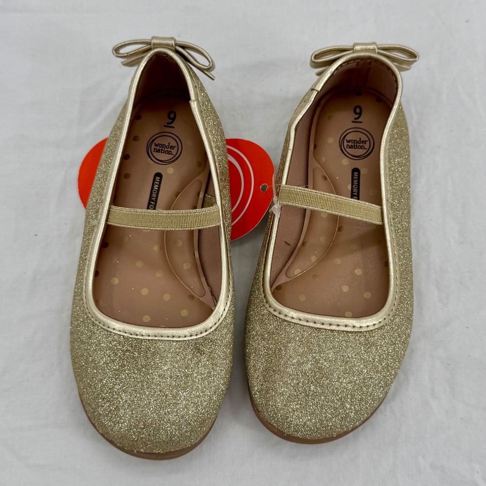 Toddler Gold Glitter Mary Jane Flats Size 9 Memory Foam Bow Heel Coquette Girls